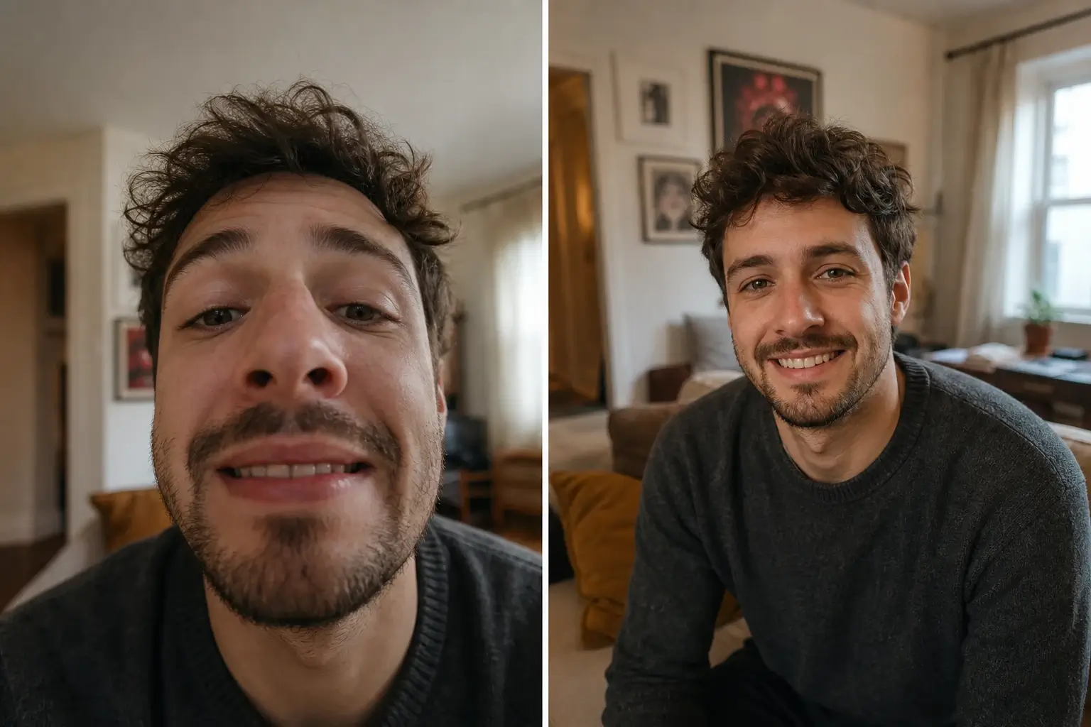 The same synthetic adult man in a close arm's-length selfie with an exaggerated nose beside the same man photographed at conversation distance with natural proportions