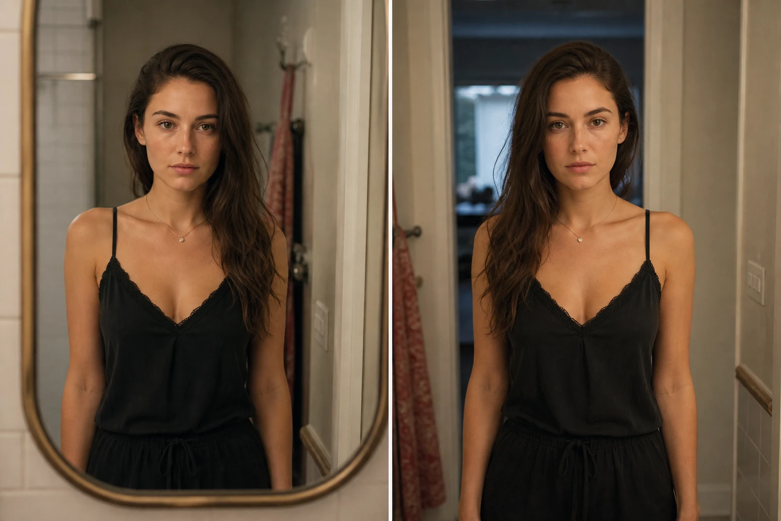 The same synthetic adult woman reflected in a bathroom mirror beside the same woman photographed directly, her hair falling on opposite shoulders in the two views