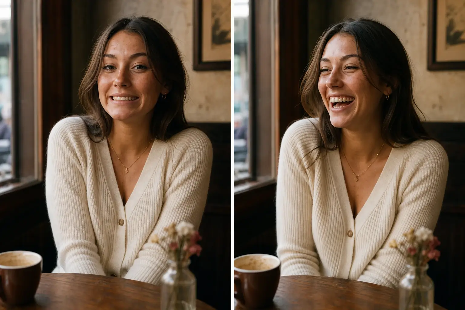 The same synthetic adult woman holding a stiff posed smile beside the same woman laughing mid-motion with relaxed shoulders