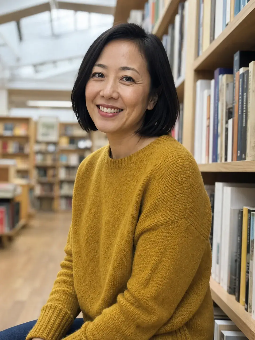 AI-generated synthetic adult woman inside a bookstore
