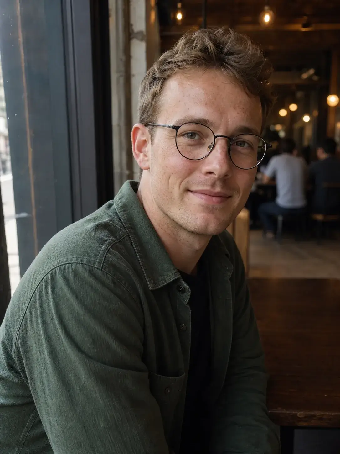 AI-generated synthetic adult man by a cafe window