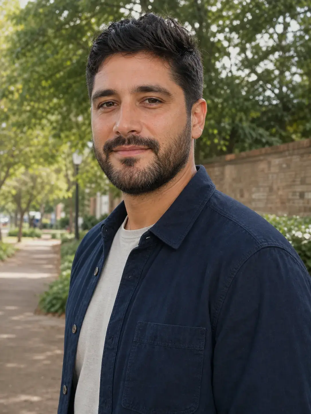 AI-generated synthetic adult man on a park path