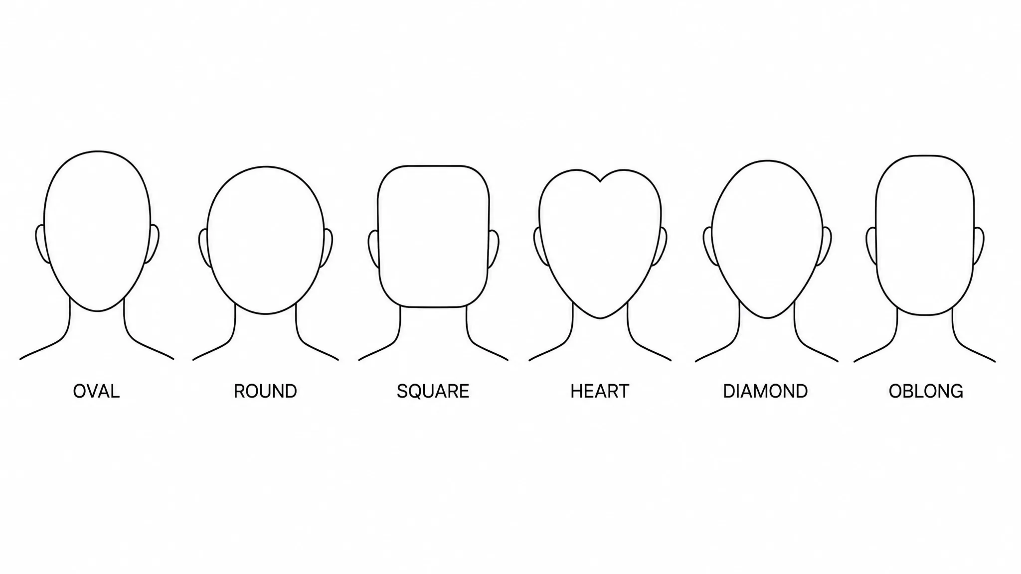 Line drawings of the six face shapes: oval, round, square, heart, diamond, and oblong