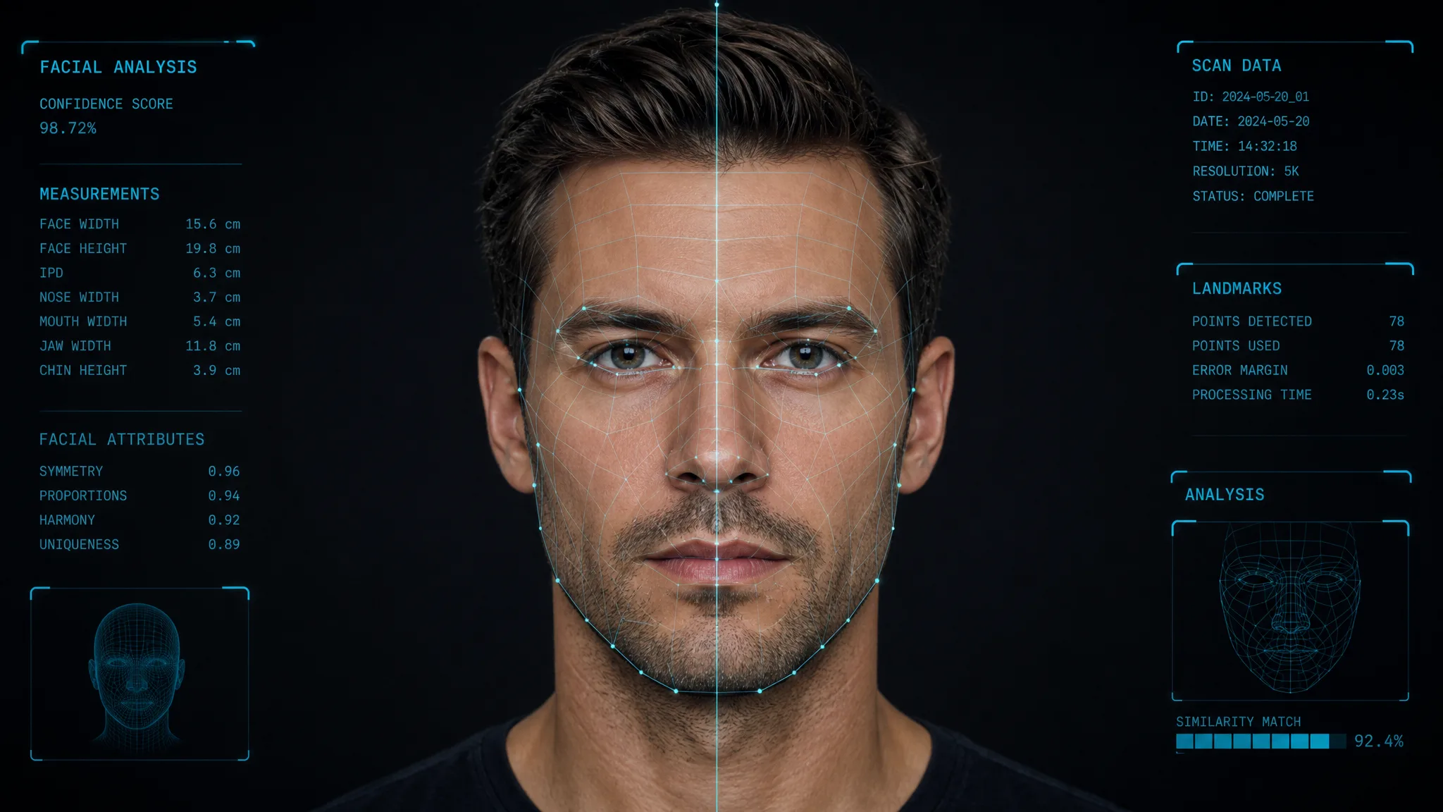 A synthetic adult portrait overlaid with a symmetry grid and facial landmark points